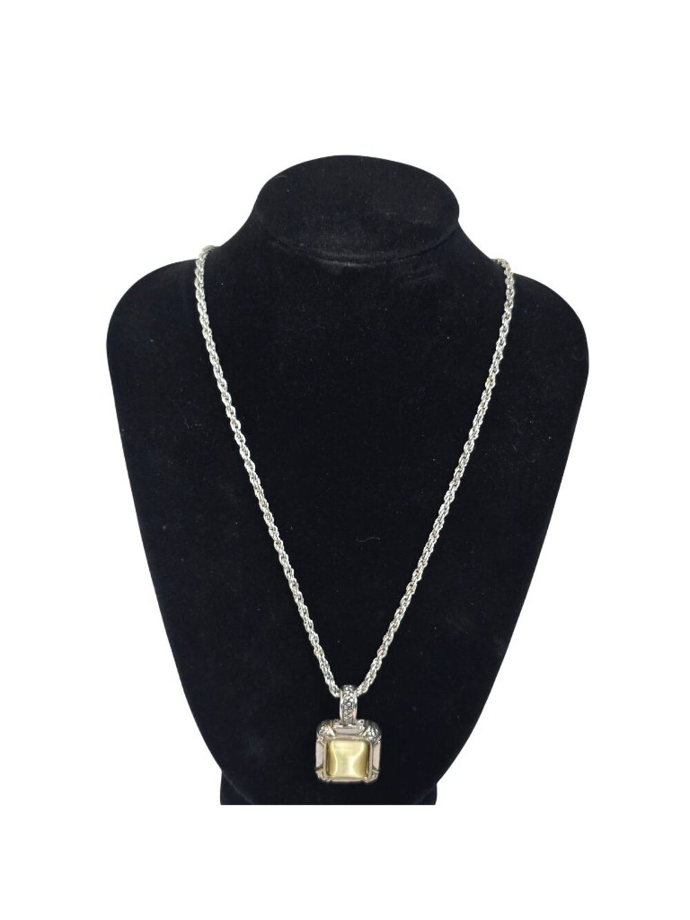 Vintage Silver Tone Rope Chain Necklace Square Cream Stone Pendant Adjustable